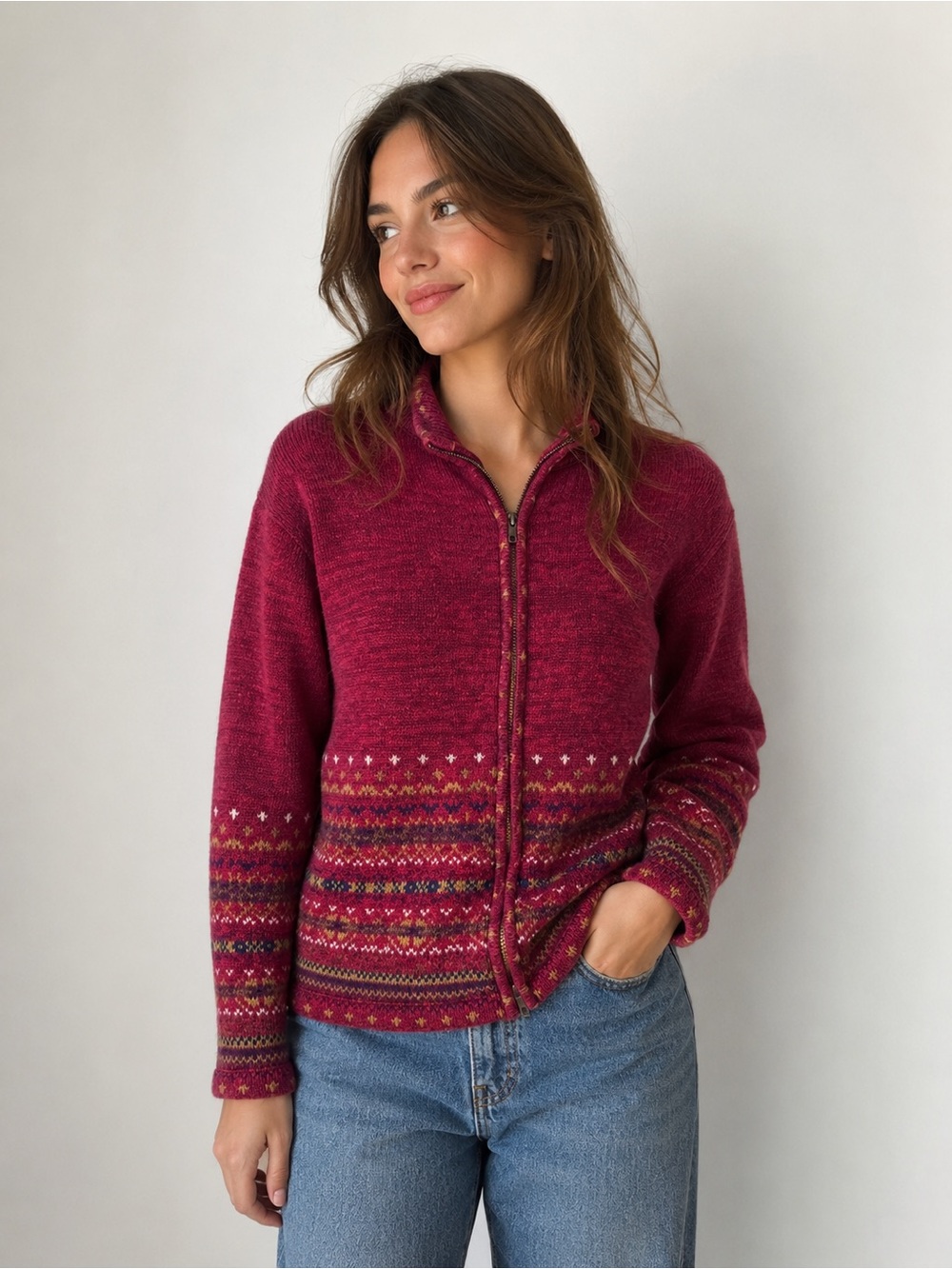 Heirloom Collectibles Fair Isle Zip Cardigan Sweater Pink Boho Cottagecore Small